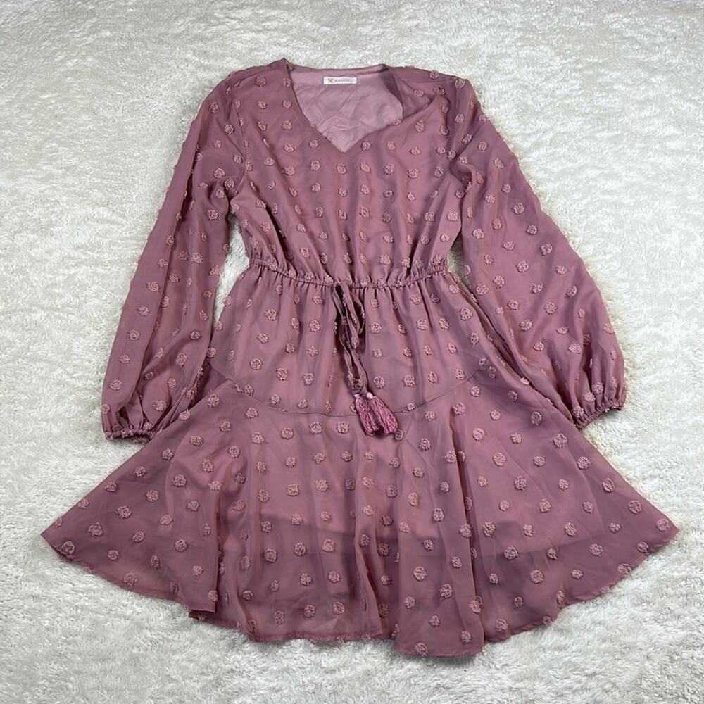 Kirundo pink polka dot chiffon fit and flare long sleeved dress, size small